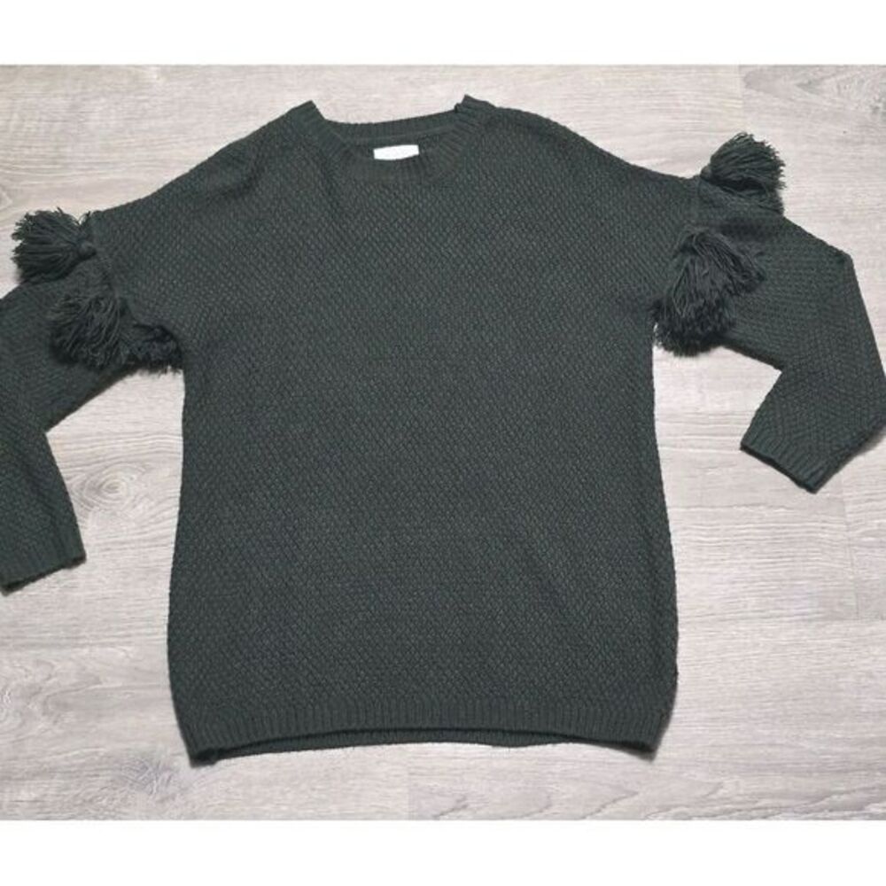 Mud Pie Women's Dark Green Knit Sweater Tasseled Sleeves Size Small